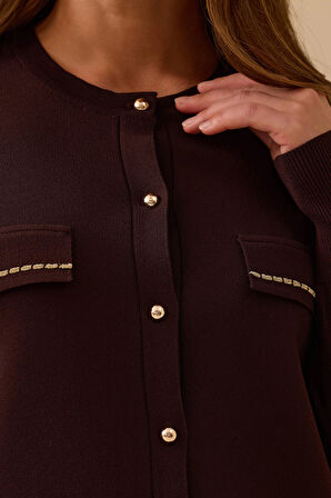 Seçil Kadın Yuvarlak Yaka Düğmeli Triko Hırka 1012 Kahverengi