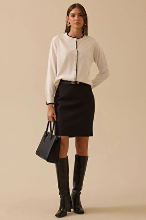 Seçil Kadın Biye Detaylı Düğmeli Triko Hırka 0037 Ekru