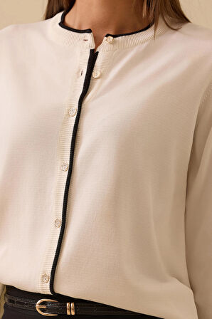 Seçil Kadın Biye Detaylı Düğmeli Triko Hırka 0037 Ekru