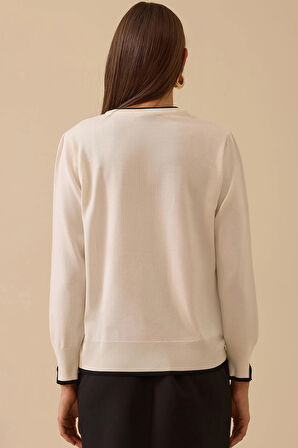 Seçil Kadın Biye Detaylı Düğmeli Triko Hırka 0037 Ekru