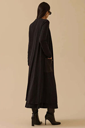 Kadın Suni Deri Cepli Uzun Hırka - Siyah | M