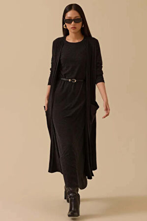 Kadın Suni Deri Cepli Uzun Hırka - Siyah | M