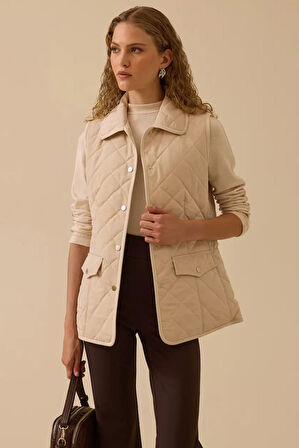 Kadın Gömlek Yaka Kapitone Anorak Yelek - Bej | 38