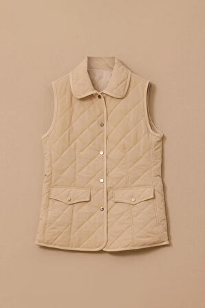 Kadın Gömlek Yaka Kapitone Anorak Yelek - Bej | 42