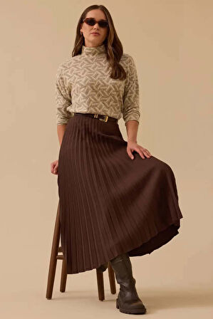 Kadın Esnek Bel Pliseli Basic Etek - Kahverengi | 42
