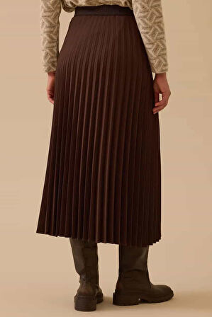 Kadın Esnek Bel Pliseli Basic Etek - Kahverengi | 42