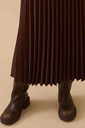 Kadın Esnek Bel Pliseli Basic Etek - Kahverengi | 42