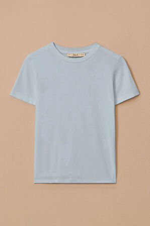 Kadın Yuvarlak Yaka Kısa Kollu Basic T-Shirt - Mavi | L