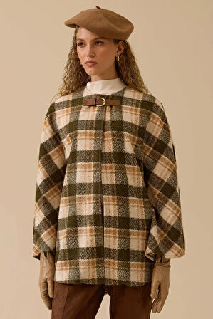 Kadın Desenli Kemer Tokalı Panço - Yeşil | STD