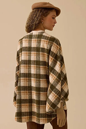 Kadın Desenli Kemer Tokalı Panço - Yeşil | STD