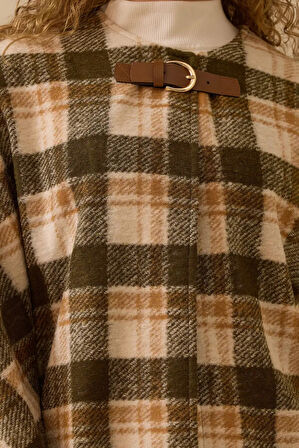 Kadın Desenli Kemer Tokalı Panço - Yeşil | STD