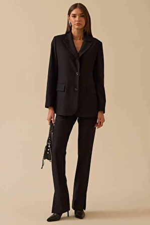 Kadın Yüksek Bel Paça Yırtmaçlı Tam Boy Pantolon - Siyah | 36