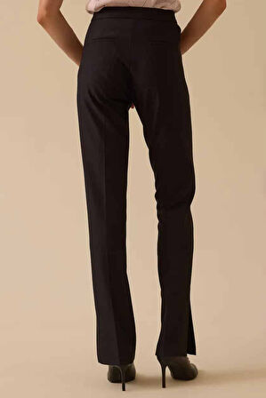 Kadın Yüksek Bel Paça Yırtmaçlı Tam Boy Pantolon - Siyah | 36