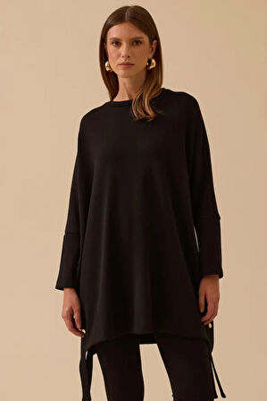 Kadın Yan Düğme Detaylı Uzun Tunik - Siyah | M