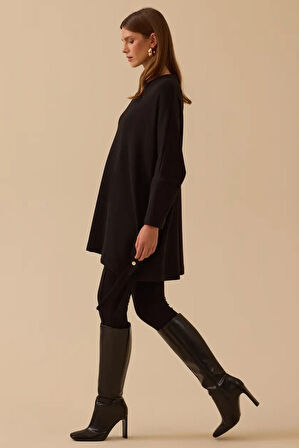 Kadın Yan Düğme Detaylı Uzun Tunik - Siyah | M
