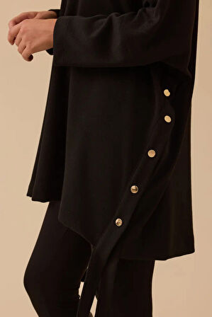 Kadın Yan Düğme Detaylı Uzun Tunik - Siyah | M