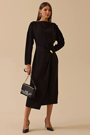 Seçil Kadın Metal Tokalı Midi Elbise 0010 Siyah