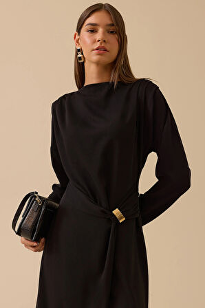 Seçil Kadın Metal Tokalı Midi Elbise 0010 Siyah