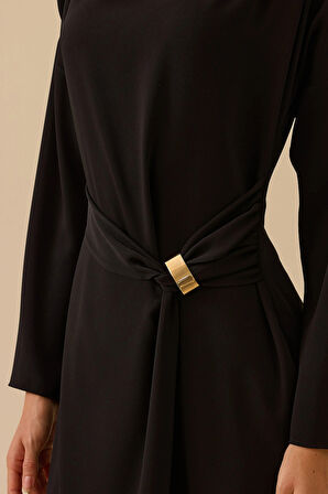 Seçil Kadın Metal Tokalı Midi Elbise 0010 Siyah