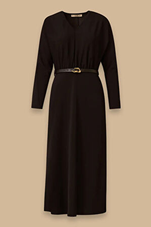 Kadın V Yaka Yarasa Kol Kemerli Elbise - Siyah | 36