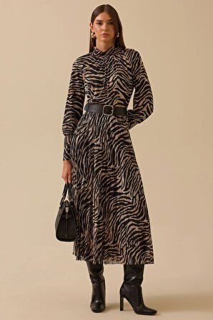 Seçil Kadın Zebra Desenli Kemerli Elbise 0016 Siyah