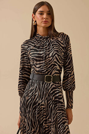 Seçil Kadın Zebra Desenli Kemerli Elbise 0016 Siyah