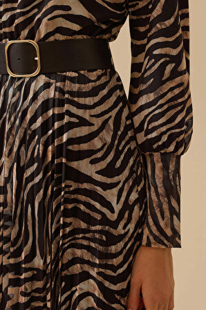 Seçil Kadın Zebra Desenli Kemerli Elbise 0016 Siyah