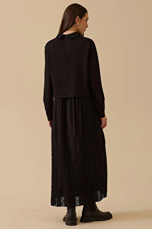 Kadın Bel Bağcıklı Çift Kumaşlı Elbise - Siyah | S