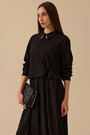 Kadın Bel Bağcıklı Çift Kumaşlı Elbise - Siyah | S