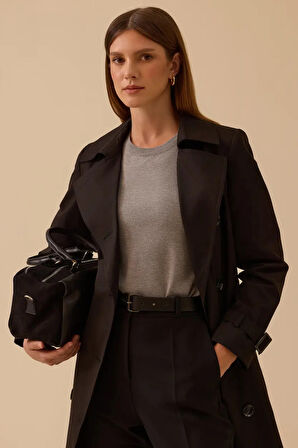 Kadın Kemerli Uzun Klasik Trençkot - Siyah | 38