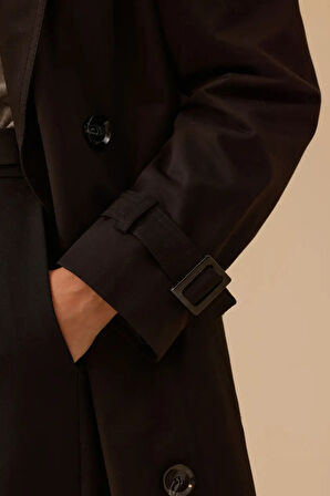 Kadın Kemerli Uzun Klasik Trençkot - Siyah | 44