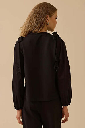 Kadın Omuz Fiyonk Detaylı Sweatshirt - Siyah | S