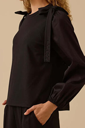 Kadın Omuz Fiyonk Detaylı Sweatshirt - Siyah | S