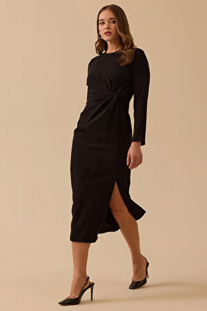 Seçil Kadın Drapeli Midi Boy Şık Krep Elbise 8002 Siyah