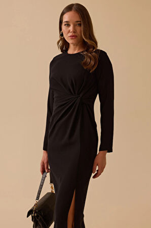 Seçil Kadın Drapeli Midi Boy Şık Krep Elbise 8002 Siyah