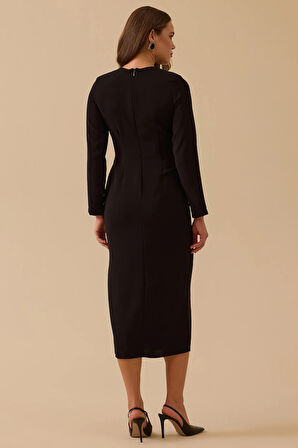 Seçil Kadın Drapeli Midi Boy Şık Krep Elbise 8002 Siyah
