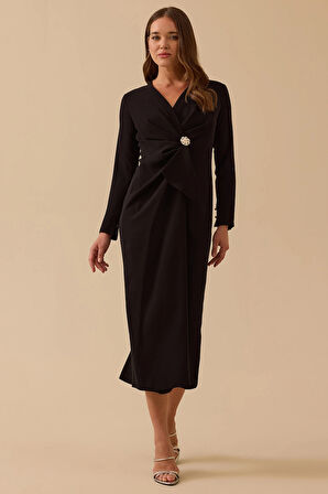 Seçil Kadın Taş Detaylı Drapeli Midi Boy Şık Elbise 8003 Siyah