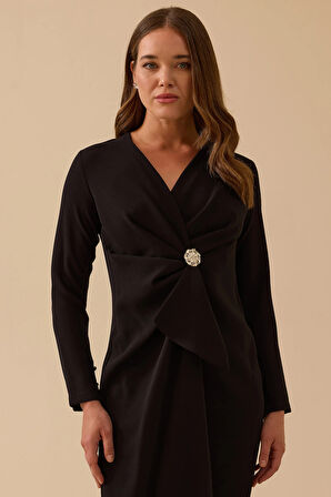 Seçil Kadın Taş Detaylı Drapeli Midi Boy Şık Elbise 8003 Siyah