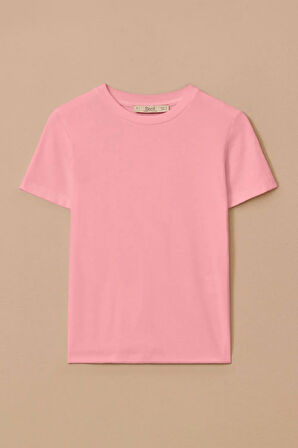 Kadın Yuvarlak Yaka Kısa Kollu Basic T-Shirt - Pembe | S