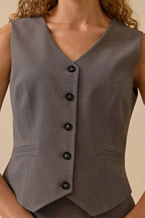 Kadın V Yaka Düğmeli Klasik Yelek - Gri | 40