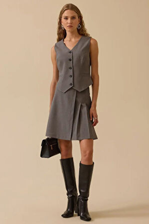 Kadın V Yaka Düğmeli Klasik Yelek - Gri | 40