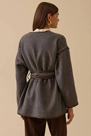 Kadın Suni Deri Biyeli Kuşaklı Ceket - Gri | 42