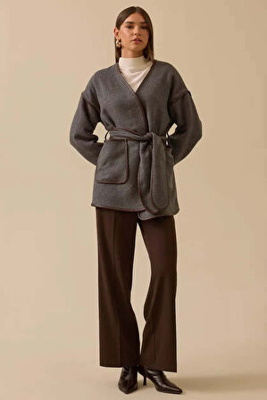 Kadın Suni Deri Biyeli Kuşaklı Ceket - Gri | 42