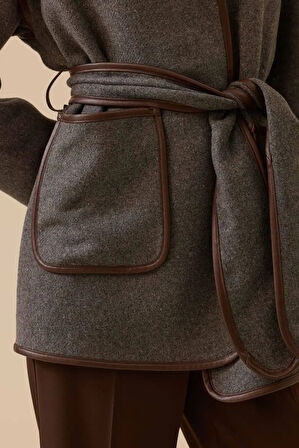 Kadın Suni Deri Biyeli Kuşaklı Ceket - Gri | 42