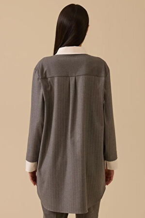 Kadın Aksesuar Detaylı Çizgili Tunik - Gri | 36