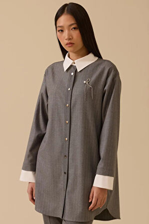 Kadın Aksesuar Detaylı Çizgili Tunik - Gri | 40