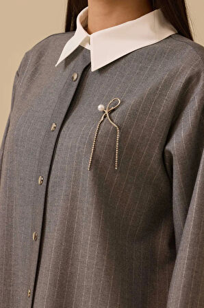 Kadın Aksesuar Detaylı Çizgili Tunik - Gri | 40