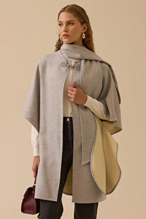 Kadın Tokalı Şal Detaylı Panço - Gri | STD
