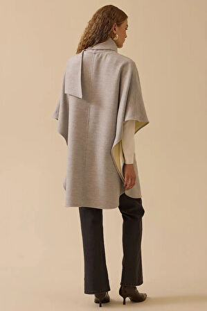 Kadın Tokalı Şal Detaylı Panço - Gri | STD