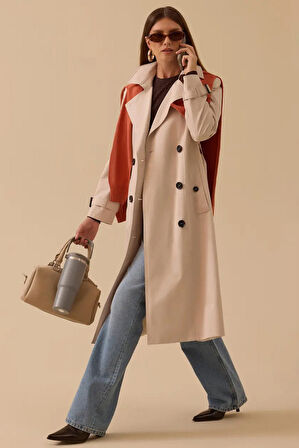 Kadın Kemerli Uzun Klasik Trençkot - Bej | 44
